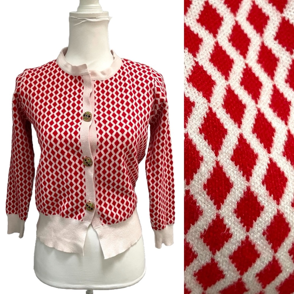 Long Sleeve Red and White Argyle Diamond Pattern Cardigan Sweater